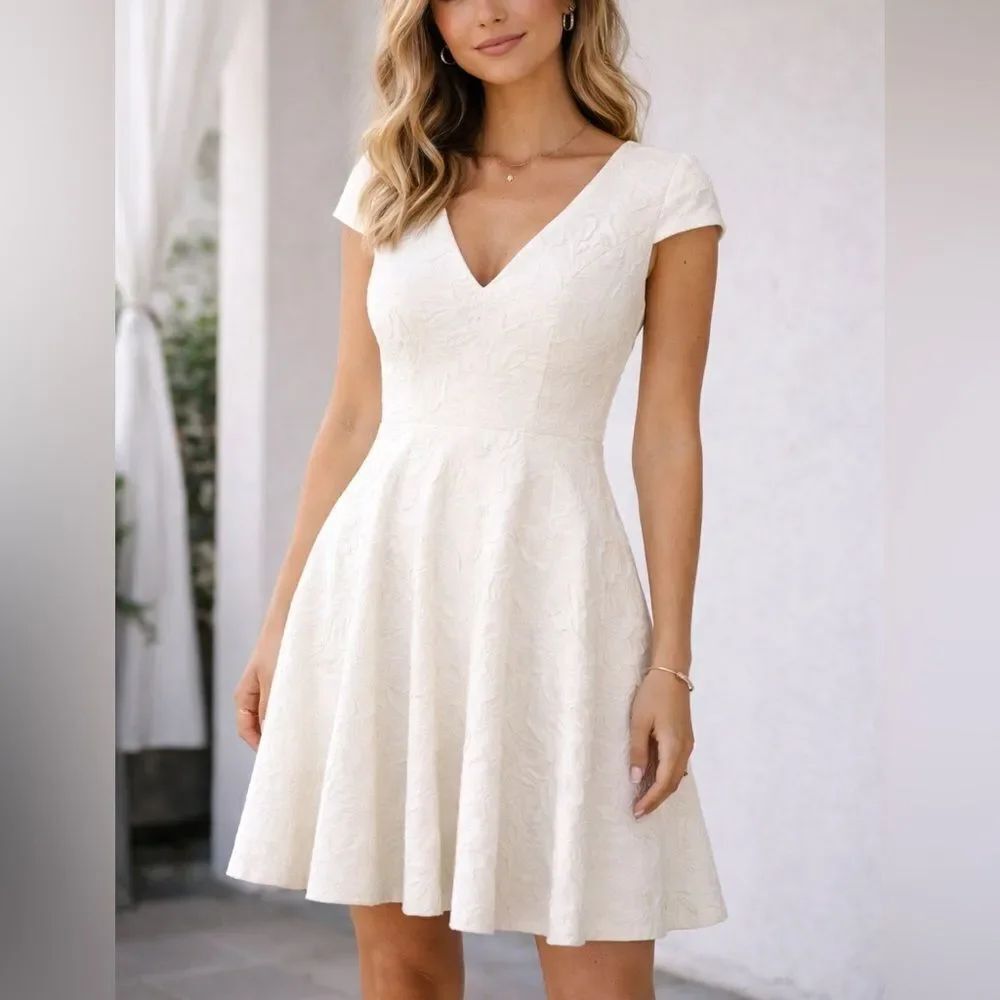 Tibi Ivory Textured Fit & Flare Cotton Dress Cap Sleeve V Neck Size 4